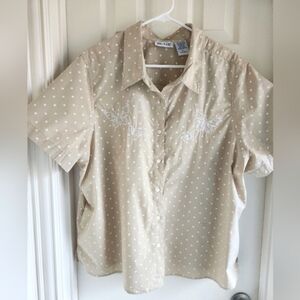 Vintage Blair Polka Dot Button‎ Down Short Sleeve Top Butterfly Embroidery 2XL